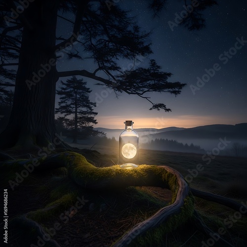 A glass bottle, filled with the moon, rests on mossy tree roots beneath a starry night sky, casting a serene and magical atmosphere.