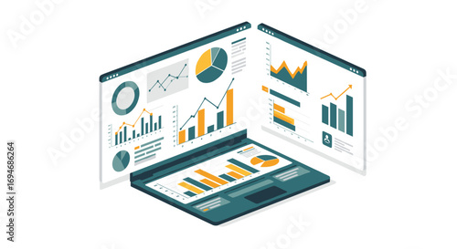 Isometric digital dashboard with analytical charts and graphs for data visualization