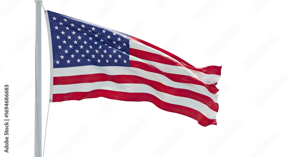 Fototapeta premium An American flag waves proudly from a flagpole set against a bright white background