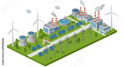 Isometric renewable and industrial energy landscape with wind turbines and solar panels
