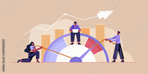 Teamwork and collaboration to achieve business growth and success on a performance meter