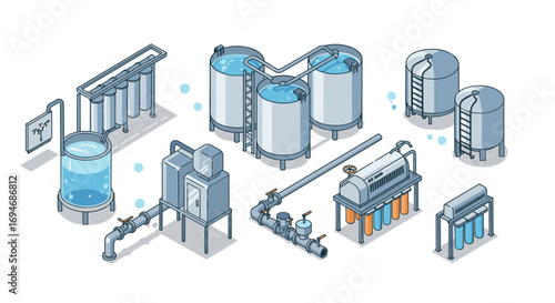 Modern isometric water treatment plant with tanks and machinery