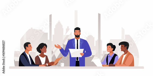 Diverse group of professionals in a modern office meeting discussing documents with a leader presenting ideas