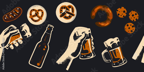 Hands holding beer mugs and bottles with pretzels and cookies on a dark background