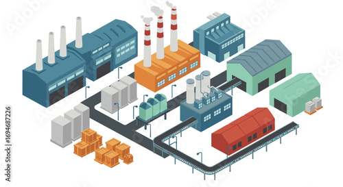 Isometric industrial factory scene with conveyor belts and storage areas