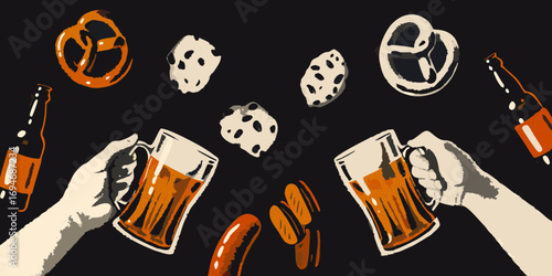 Hands holding beer mugs with pretzels sausages and cheese snacks against a dark background