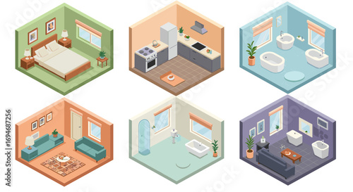 Isometric interior set with bedroom, kitchen, living room, bathroom designs