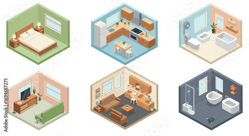 Isometric home interiors: modern rooms in 3d design for contemporary living spaces