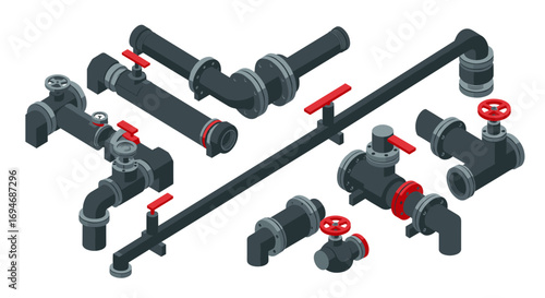 Isometric industrial pipe system with valves and connectors