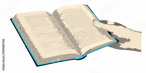Hand holding an open book with text on aged pages and a blue spine