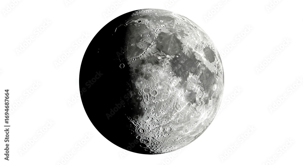 Obraz premium Half Moon Textured gray surface with craters black shadowed side white background