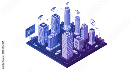 Futuristic smart city in isometric design with technology connectivity