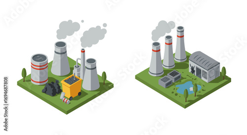 Isometric industrial power plant with pollution emissions and waste disposal