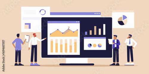 Business team analyzing financial data and charts on a large computer screen during a meeting