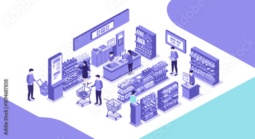 Isometric supermarket scene with shoppers and staff in modern purple theme