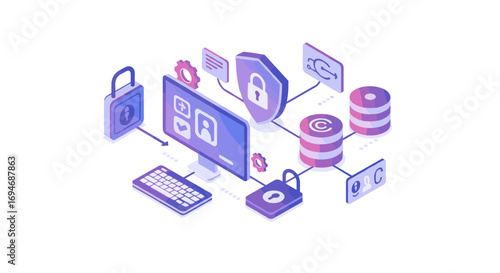 Isometric cybersecurity design with technology icons and digital protection elements