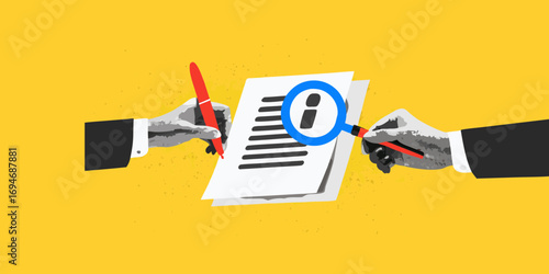 Two hands examining and signing a document with a magnifying glass and pen on a yellow background