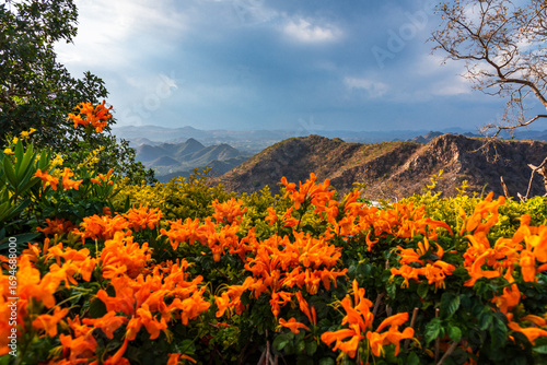 Panoramic aerial view of Aravalli mountain range from Monsoon palace at Sajjangarh, Rajasthan. It is the historic capital of the kingdom of Mewar.
