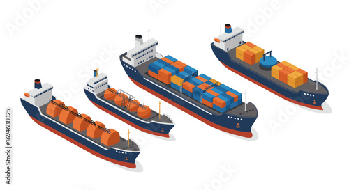 Isometric cargo ships collection with containers and tankers on white background