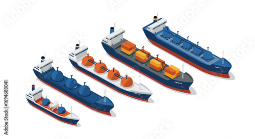 Modern isometric cargo ships with containers and tankers in blue and orange