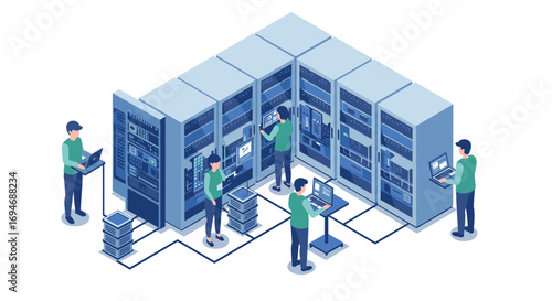 Isometric data center with technicians working on servers