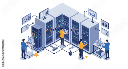 Modern isometric data center with technicians managing servers and network systems