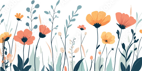 Collection of decorative hand drawn botanical elements featuring leaves and flowers in warm autumnal colors