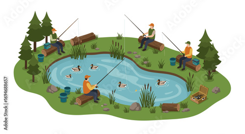 Peaceful pond fishing scene with ducks and anglers in a relaxing nature setting