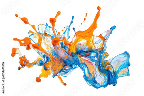 Dynamic paint splash in blue and orange, abstract liquid art, colorful explosion, artistic design element, isolated on transparent background