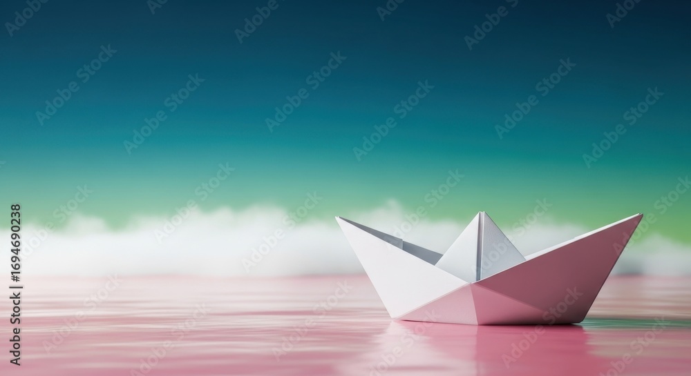 Obraz premium White Paper Boat Floating on Pink Water Under Blue Sky