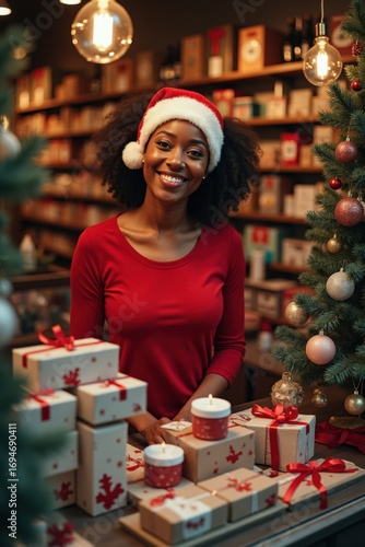 A black woman in a red Santa hat stands behind a store window full of Christmas products, greeting customers with festive joy. The shop is decorated for Christmas