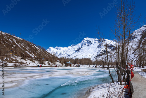 Sissu Lake located near waterfall in the scenic Sissu Valley is a popular tourist destination to enjoy vacations among tourist who visits most popular hill station Manali, Himachal Pradesh, India.