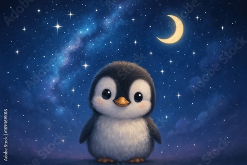 Adorable penguin under starry sky.