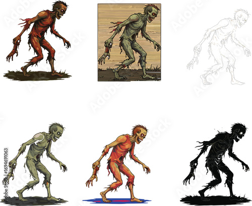 Zombie character illustrations, horror undead creatures, scary monster designs, cartoon ghouls, creepy walking corpses, vector horror art pack, Halloween