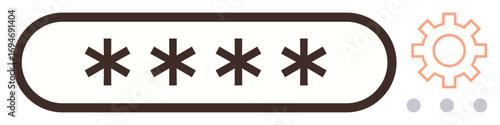 Password entry field with asterisks and gear icon symbolizing security, customization, and system settings. Ideal for cybersecurity, privacy, software, access control, user interface, technology