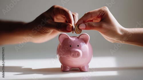 Close-up of two hands placing coins into a pink piggy bank, symbolizing savings, finance, and future investments.