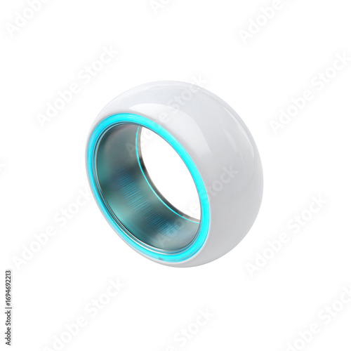Futuristic White Smart Ring with Glowing Cyan LED Interface - 3D Render
