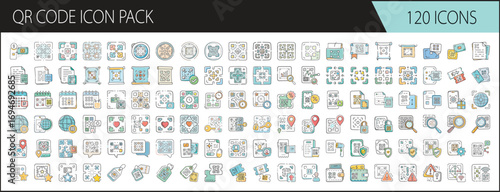 QR code and barcode technology icon set - Pack of 120 colorful QR code icons including scanning, barcodes, mobile payment, security, data, navigation, and digital technology symbols.