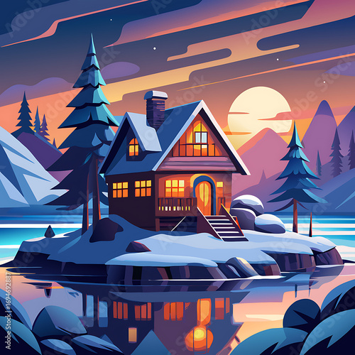 Wallpaper Mural Charming snow-covered island house illuminated with soft warm lighting at dusk, Ai Generated Torontodigital.ca