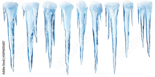 Row of Realistic Icicles with Transparent Background winter cold isolated on a transparent background