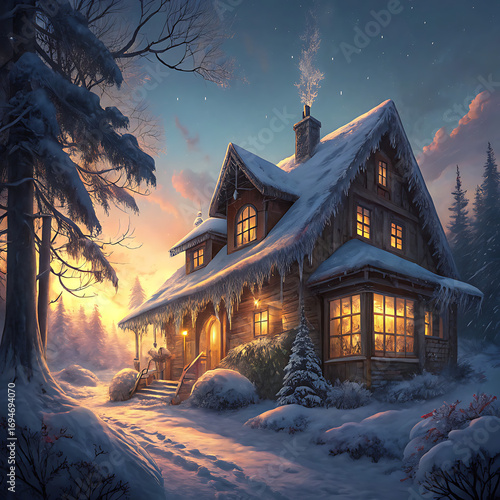 Wallpaper Mural Tranquil winter island cottage surrounded by snow and warm evening illumination, Ai Generated Torontodigital.ca