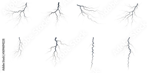 Set of White Lightning Bolt Graphics electricity thunder isolated on a transparent background