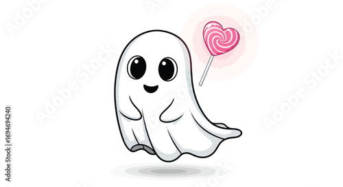 Cute cartoon ghost holding a heart lollipop