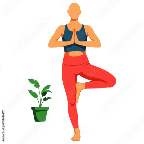 Woman in tree pose performing yoga for wellness and balance with a plant nearby
