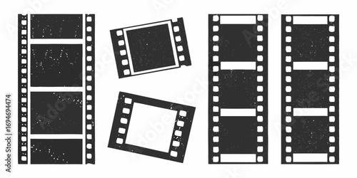 Collection of vintage film strips and frames with a grunge texture on a white background