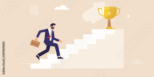 Businessman climbing stairs towards a golden trophy symbolizing achievement and success