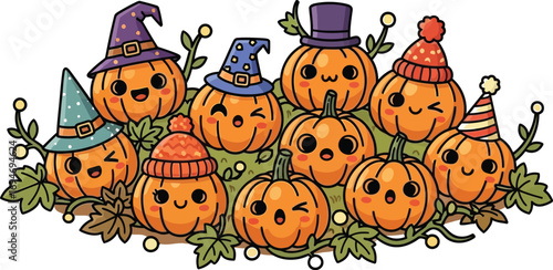 Adorable Halloween pumpkins celebrate with cute hats and smiles