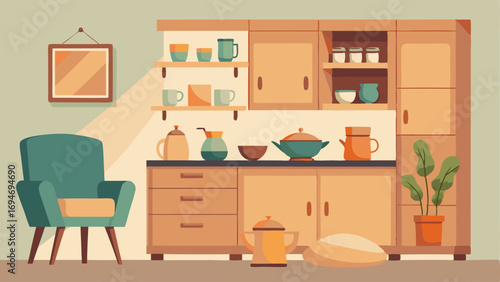 A kitchen with light wood cabinets and countertops and open wooden shelves displaying simple minimalist dishes. A large comfortable armchair sits in the corner perfect for sipping