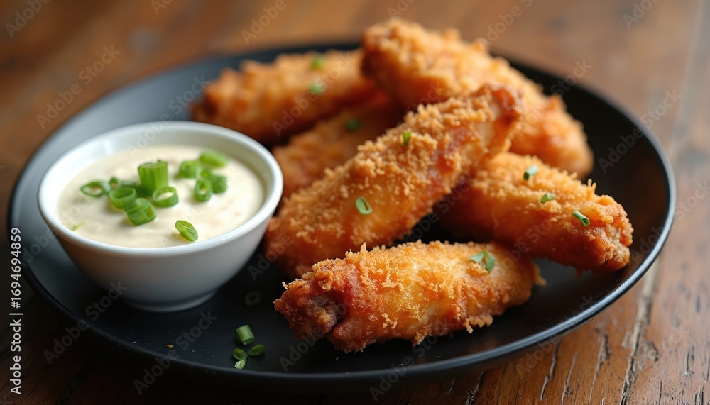 Fototapeta premium Crispy golden brown fried chicken wings served with creamy dipping sauce, fresh chopped green onions. Poultry meat with seasoned breading offers crunchy texture. Delicious snack for lunch or dinner.