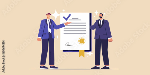 Two businessmen proudly present a signed contract with a blue checkmark and golden seal